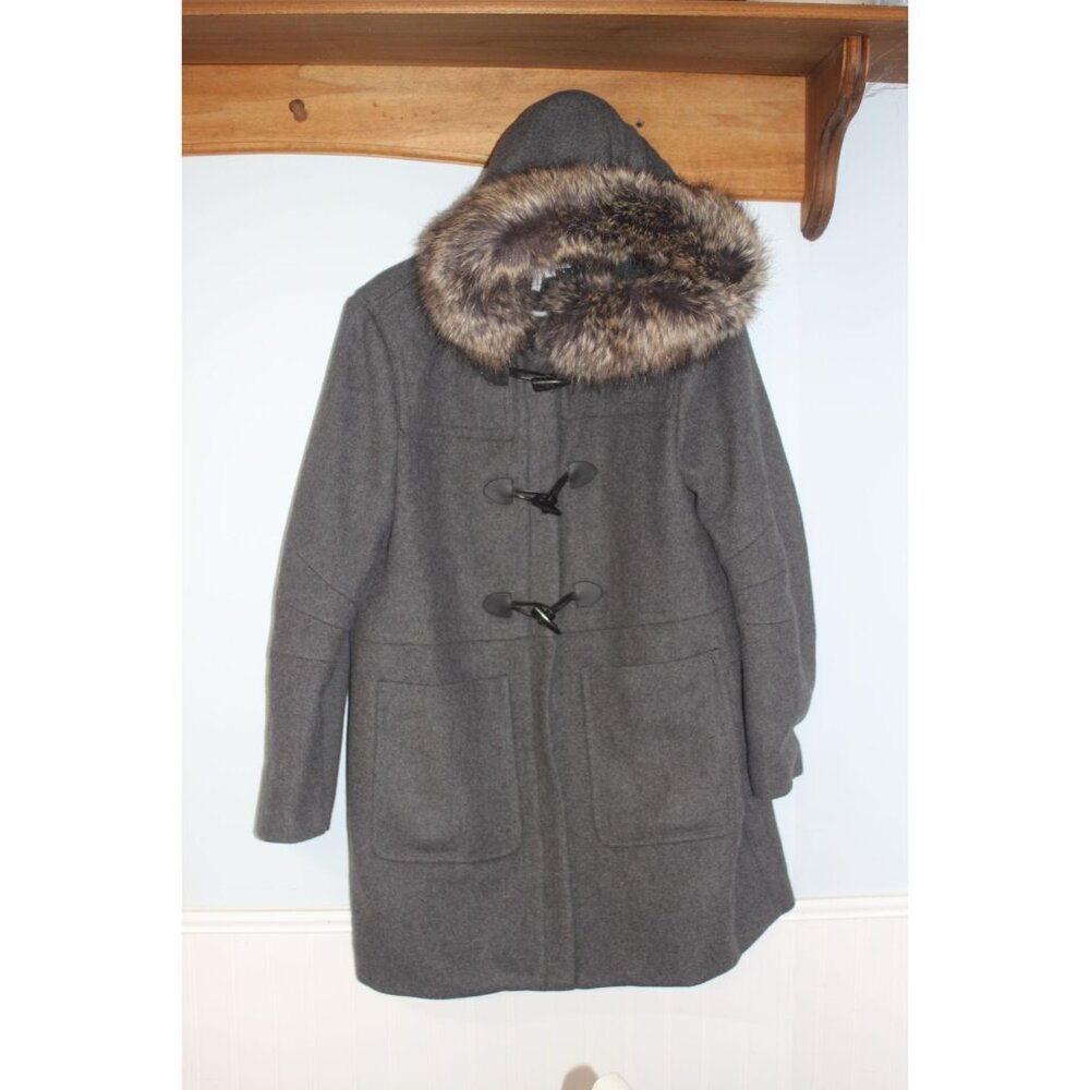 BCBG Generation Gray Toggle/Zip Closure Hooded Wool Coat W/ Faux Fur Trimmed Hoo